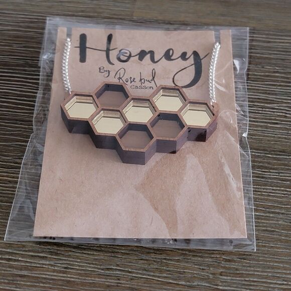 Handmade Jewelry - Wood Honeycomb Necklace NEW Honey By Rosebud Casson Artisan Handmade Indie Boho